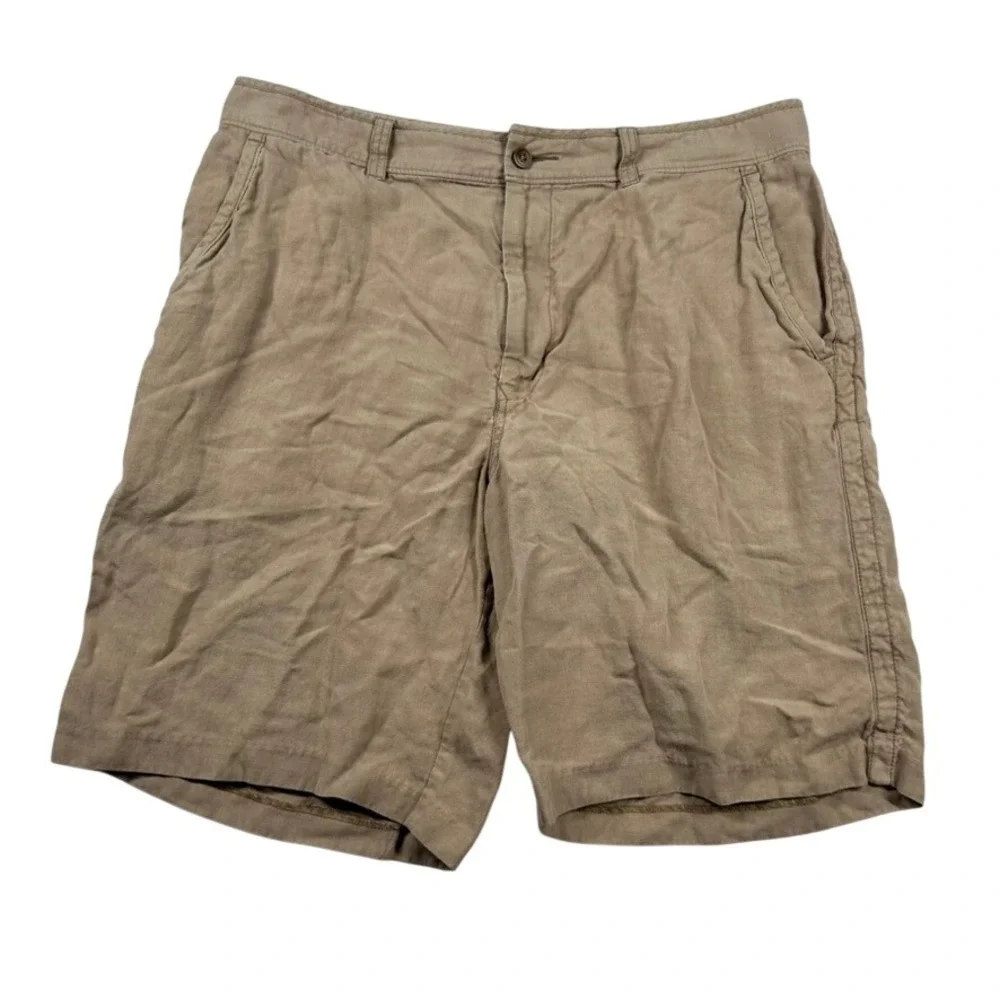 Tommy Bahama Shorts Mens 36 Linen Silk Blend Khaki Flat Front Tan Beachy 10